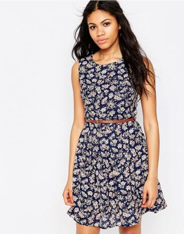 Iska Floral Print Belted Dress - Navy