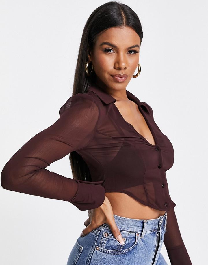 Asos Design Sheer Cropped Shirt With Seam Detail In Chocolate-brown
