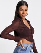 Asos Design Sheer Cropped Shirt With Seam Detail In Chocolate-brown
