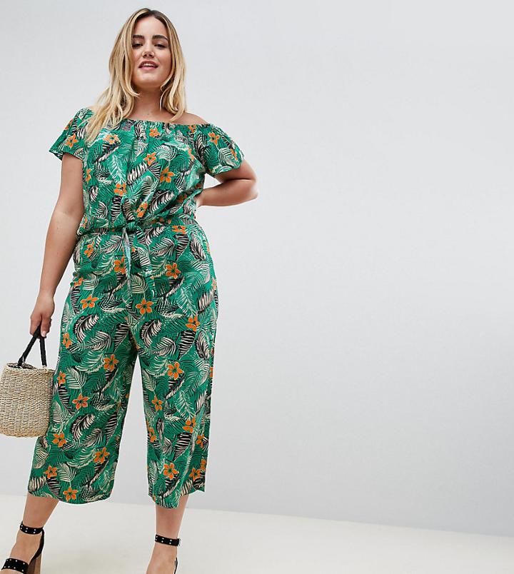New Look Curve Tropical Crop Pants - Green