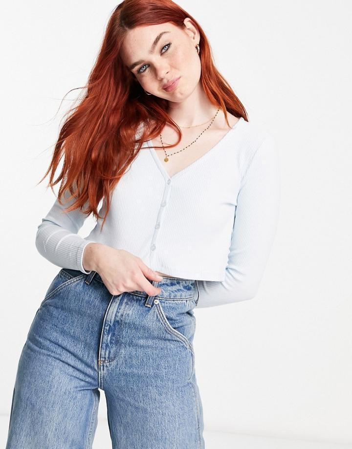 Cotton: On Cropped Button Through Henley Top In Blue-blues