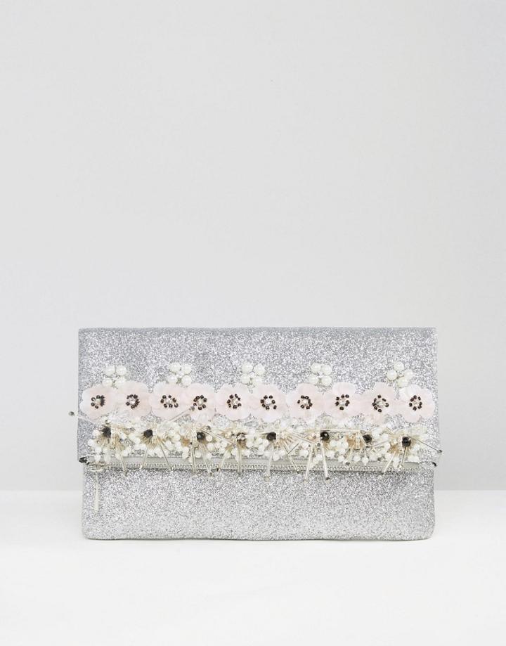 Asos Glitter And Embellished Foldover Clutch Bag - Silver