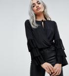 Asos Petite Wrap Front Top With Frill Sleeves And Tie Neck - Black