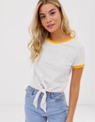 Brave Soul Tie Front Ringer T Shirt In Gray