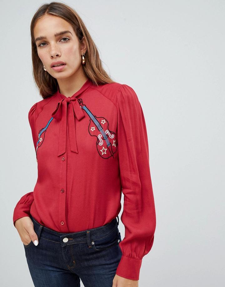 Love Moschino Guitar Detail Shirt With Pussy Bow Ties - Red