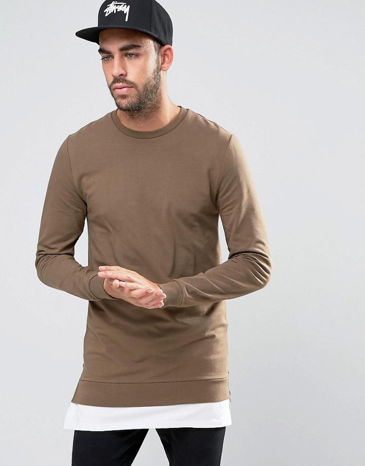 Asos Muscle Sweatshirt In Brown With Side Zips And T-shirt Hem - Brown