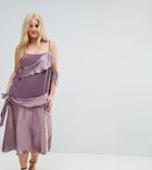 Asos Curve Color Block Satin Midi Dress With Tie Detail - Purple