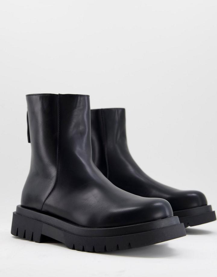 Truffle Collection Chunky Boots In Black Faux Leather With Back Zip