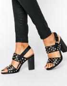 London Rebel Stud Block Heeled Sandals - Black Pu