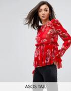 Asos Tall Ruffle Smock Blouse In Red Floral - Multi