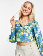 Urban Revivo Floral Print Blouse In Blue-yellow