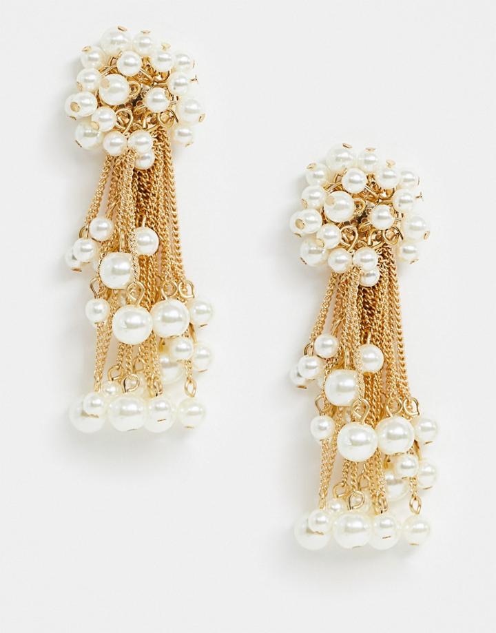 Asos Design Earrings With Pearl Encrusted Stud And Drop In Gold Tone
