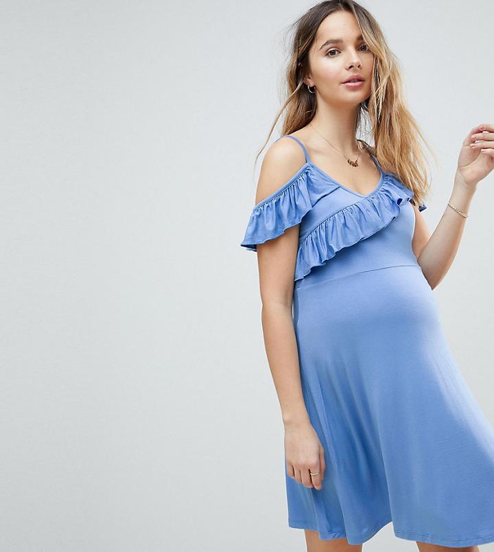 Asos Maternity Cold Shoulder Skater Sundress With Ruffle - Blue