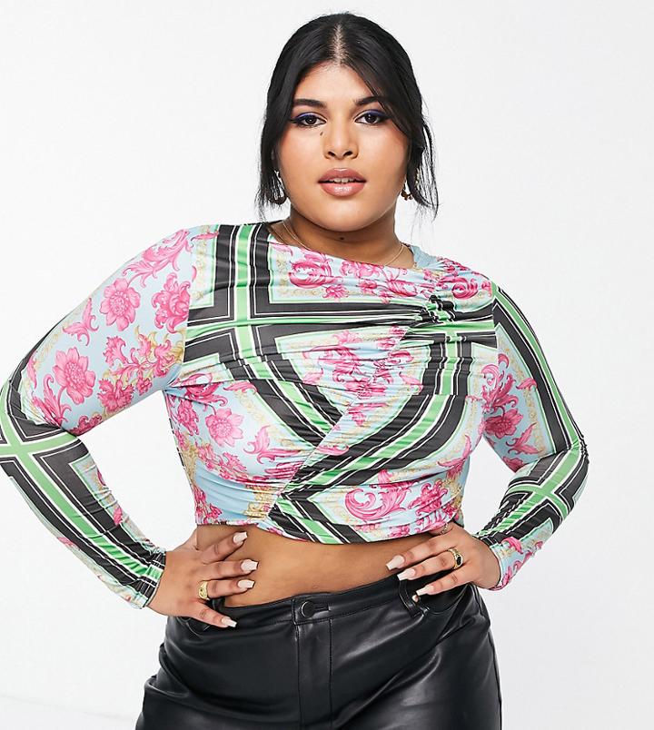 In The Style Plus X Liberty Exclusive Ruched Long Sleeve Crop Top - Part Of A Set-multi