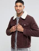 Asos Cord Western Jacket With Fleece Collar In Burgundy - Burgundy
