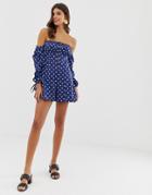 Asos Design Off Shoulder Romper With Button Front In Polka Dot-multi