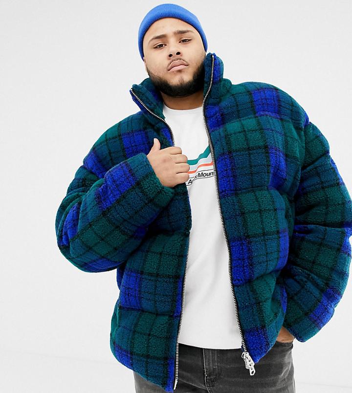 Asos Design Plus Borg Puffer Jacket In Blue Check - Blue