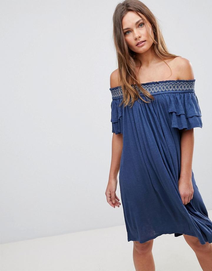 En Creme Short Sleeve Off The Shoulder Dress - Blue