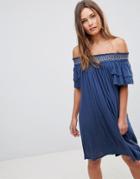 En Creme Short Sleeve Off The Shoulder Dress - Blue