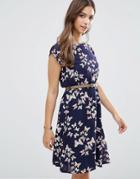 Yumi Cap Sleeve Belted Dress In Butterfly Print - Navy