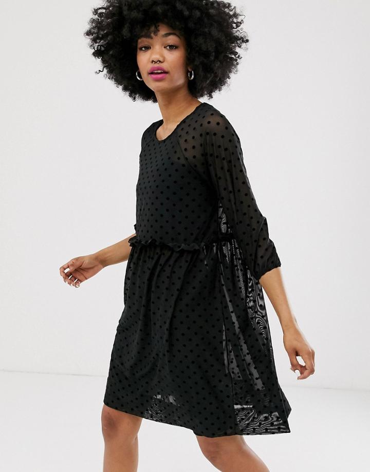 Monki Dot Print Mesh Mini Smock Dress In Black - Black