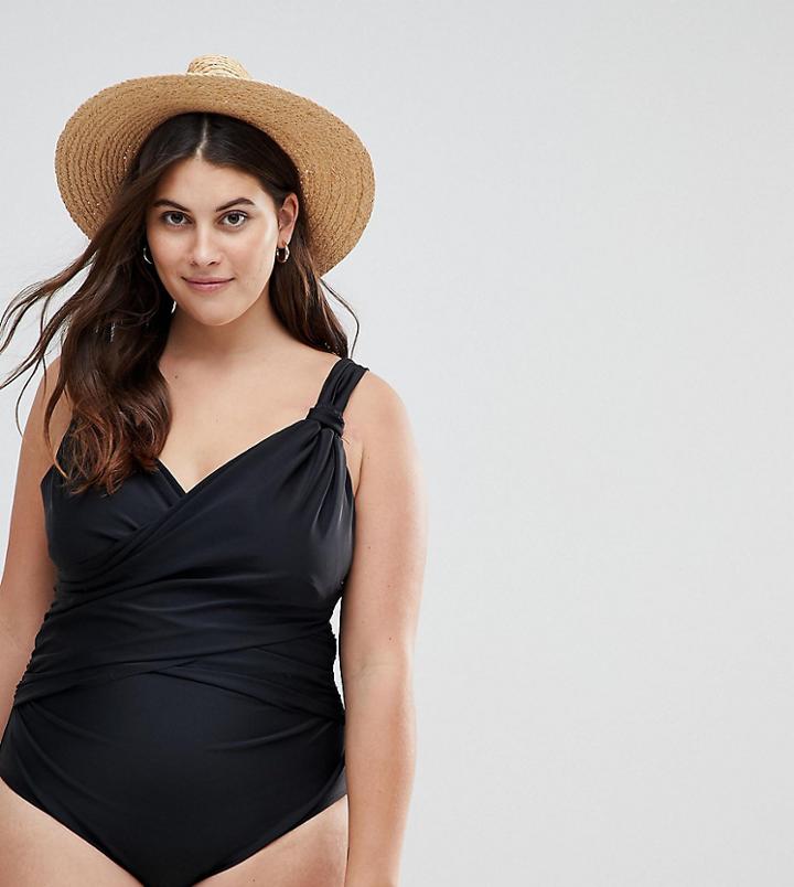 Asos Curve Drape Wrap Front Swimsuit - Black
