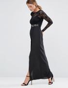 Elise Ryan Embellished Lace Maxi Dress With Thigh Split - Black