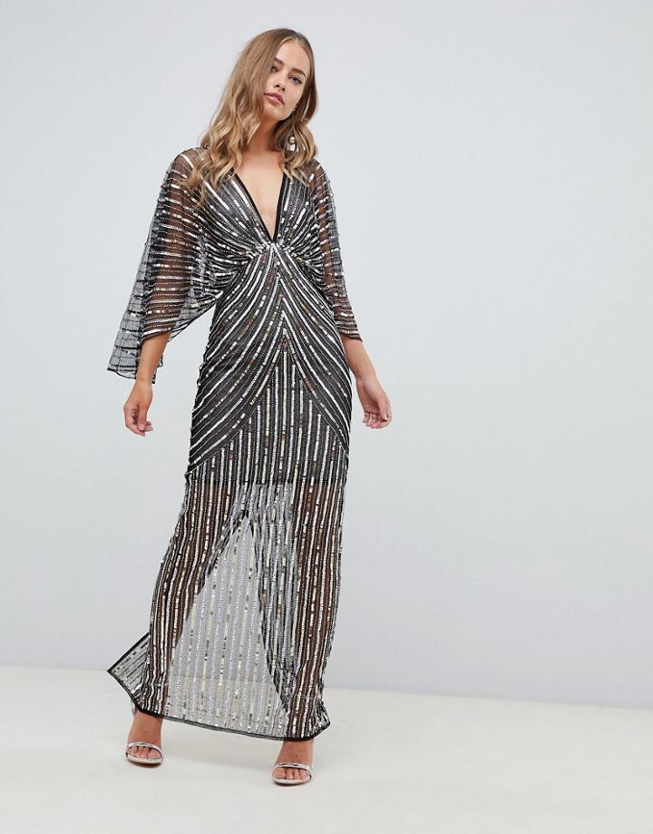 Asos Design Kimono Maxi Dress In Linear Sequin - Black