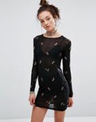 Motel Mesh Dress With Floral Embroidery - Black