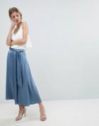 Asos Satin Midi Skirt With Self Belt - Blue