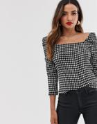 River Island Puff Sleeve Top With Square Neck In Gingham-multi