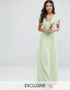 Tfnc Wedding V Front Maxi Dress With Frill Sleeves - Green