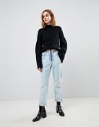 Asos Original Mom Jeans In Light Vintage Wash With Cut Away Self Belt - Blue