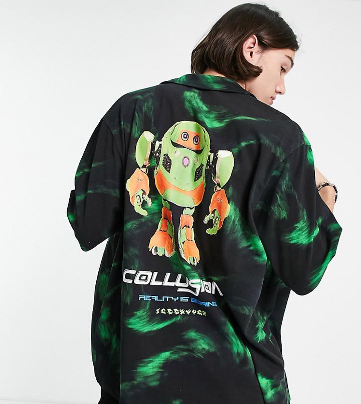 Collusion Pique Shirt With All-over Print In Black
