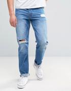 Asos Slim Jeans With Mega Rips In Mid Blue - Blue