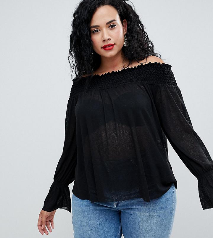 Asos Design Curve Shirred Top With Off Shoulder - Black