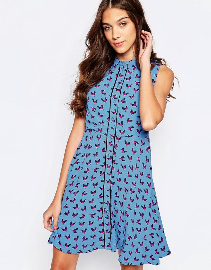 Yumi Bird Print Skater Dress - Blue