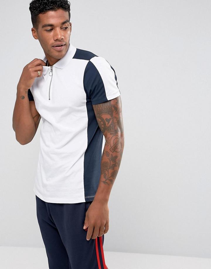 Asos Polo Shirt With Contrast Panelling And Zip Neck In White - White