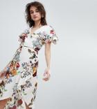 River Island Floral Print Wrap Front Midi Dress - Cream