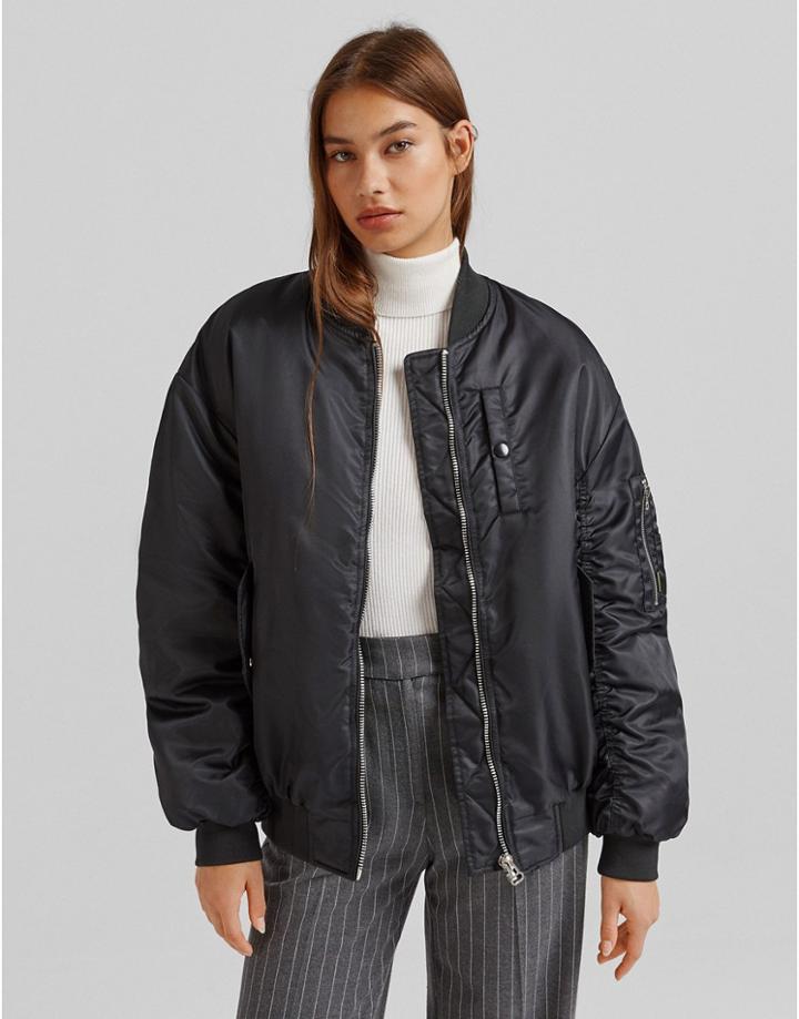 Bershka Nylon Bomber Jacket In Black