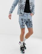 Criminal Damage Two-piece Denim Shorts In Blue With Palm Print - Blue