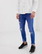 Asos Design Super Skinny Jeans In Bright Blue Wash With Rips - Blue