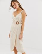 Asos Design Wrap Maxi Dress With Buckle Belt-beige