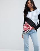 Asos T-shirt With Long Sleeve In Mix And Match Checkerboard Print - Multi