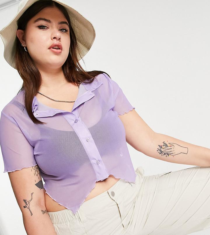 Daisy Street Plus 90s Style Button Front Fitted Crop Top In Lilac Mesh-purple