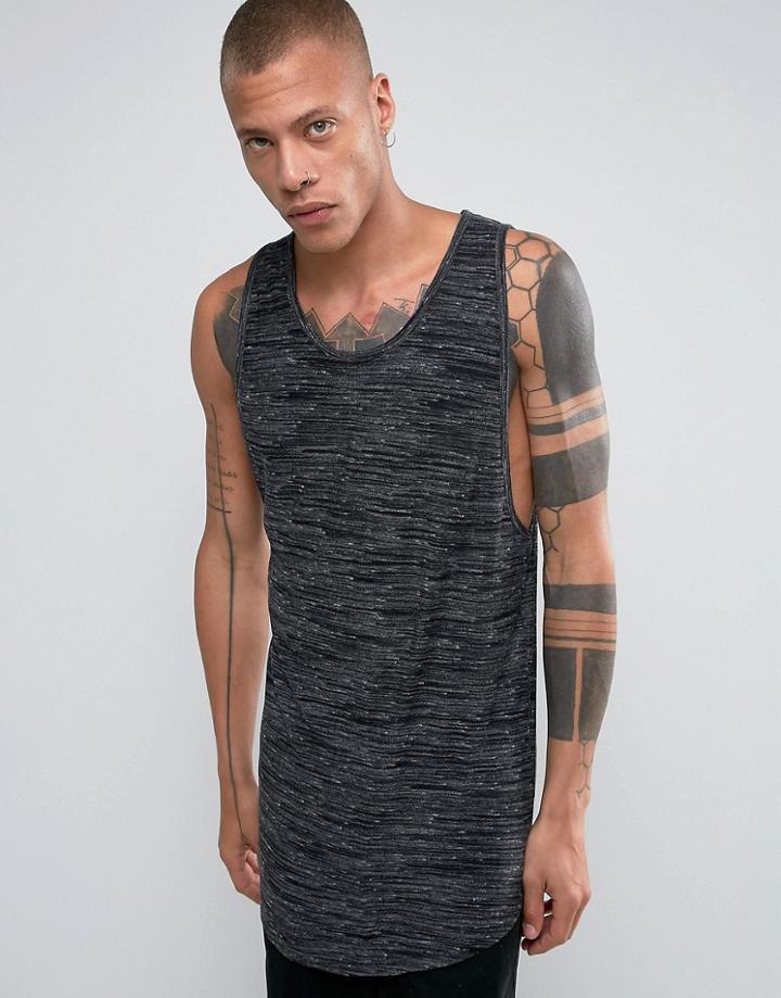 Bellfield Longline Melange Tank With Curved Hem - Black