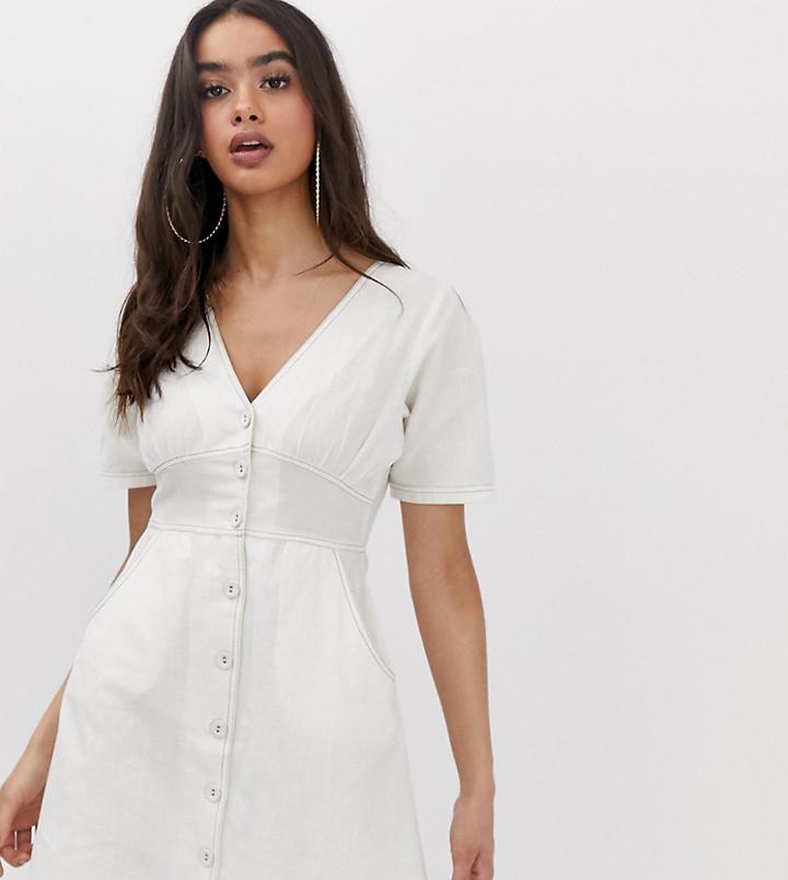 Prettylittlething Button Through Mini Dress With Contrast Stitch In White - Stone
