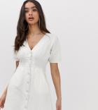 Prettylittlething Button Through Mini Dress With Contrast Stitch In White - Stone