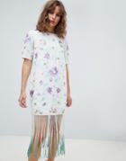 Asos Design Embroidered Midi Dress With Tie Dye Fringe-multi