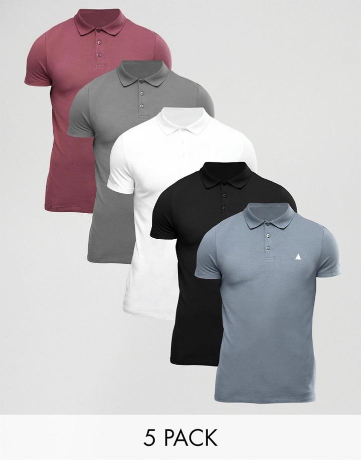 Asos 5 Pack Muscle Pique Polo Shirt With Logo Save - Multi